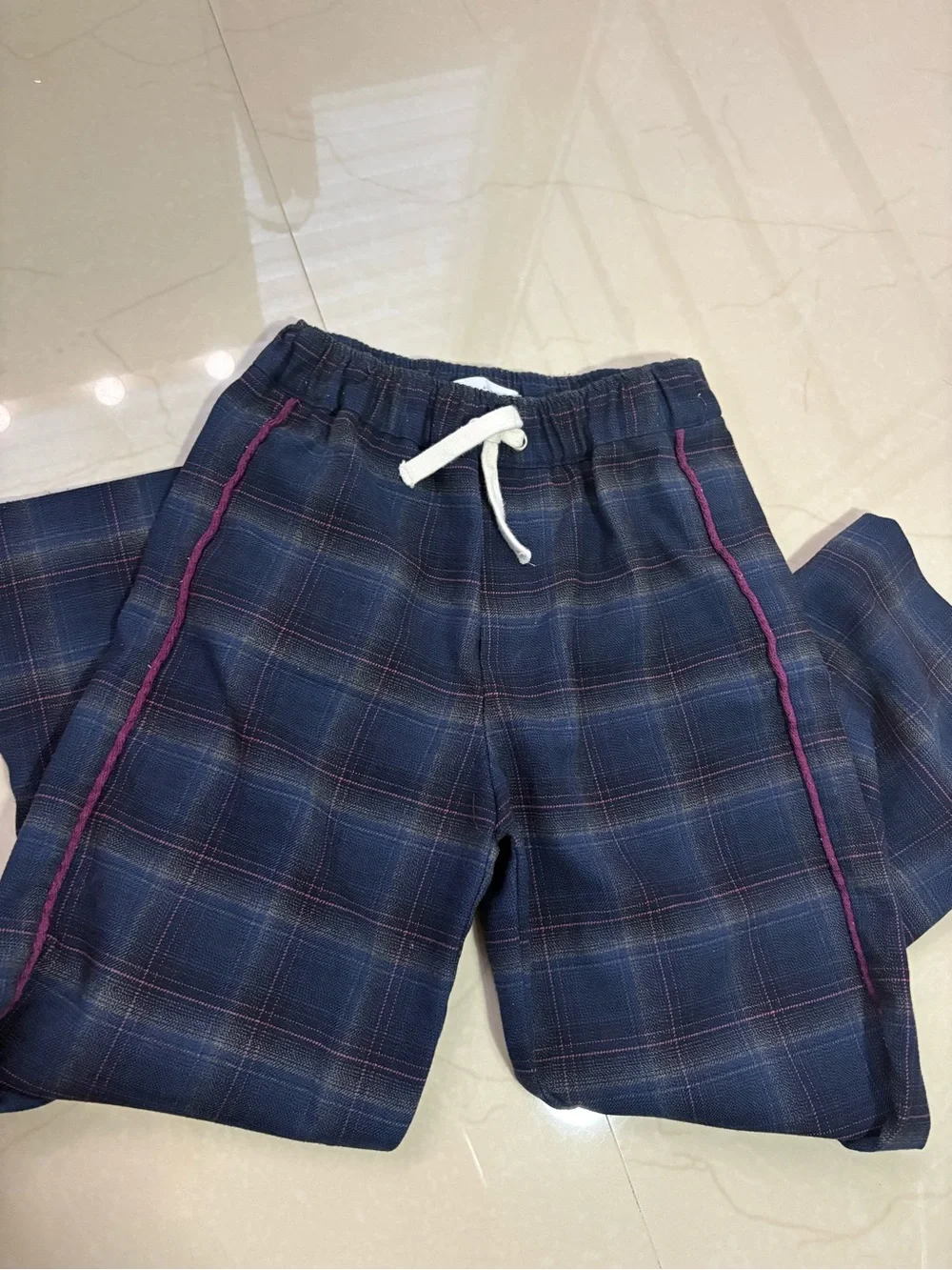 Zara GirlsPlaid DrawstringPants - Blue with Pink Trim